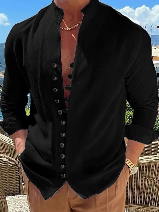 8 PACK-Men's Shirt Linen Shirt Summer Shirt Button Up Shirt Casual Shirt Black White Pink Blue Long Sleeve Plain Band Collar Summer Spring &  Fall Daily Vacation Clothing Apparel