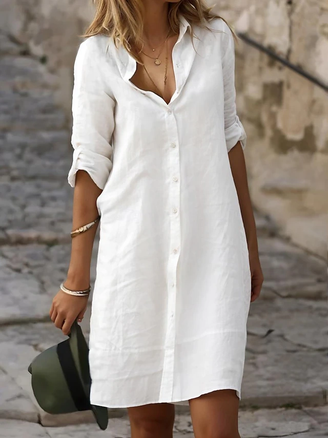 Women's Casual Linen Dress Button-Down Shirt Collar 3/4 Long Sleeve 2628