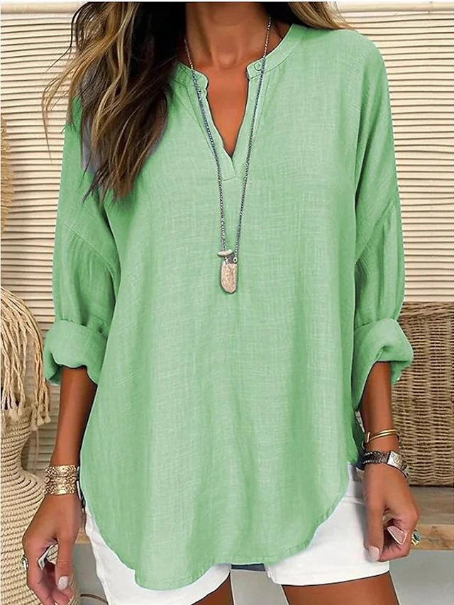 Women's Shirt Blouse Solid Color Casual Daily Basic Long Sleeve Notched Neck Pink Spring Fall 9682