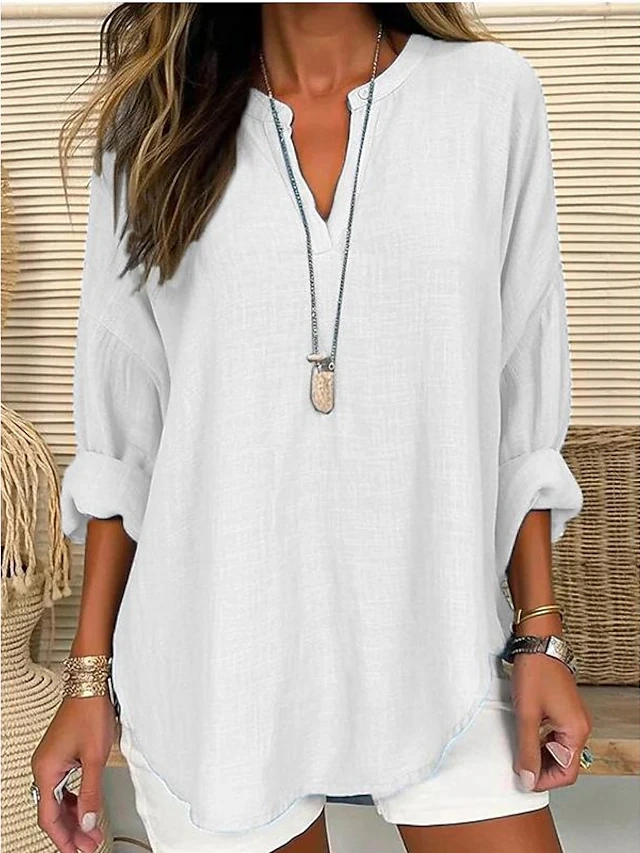 Women's Shirt Blouse Solid Color Casual Daily Basic Long Sleeve Notched Neck Pink Spring Fall 9682