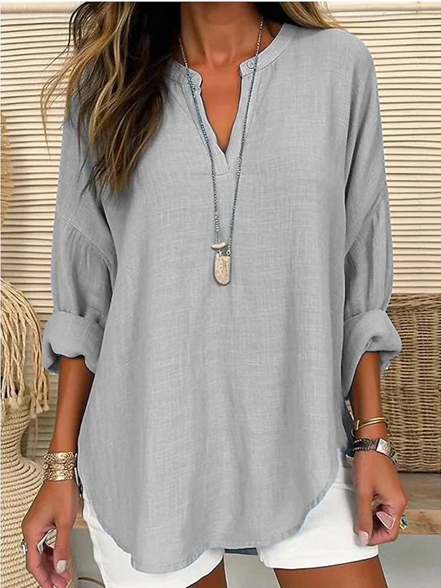 Women's Shirt Blouse Solid Color Casual Daily Basic Long Sleeve Notched Neck Pink Spring Fall 9682