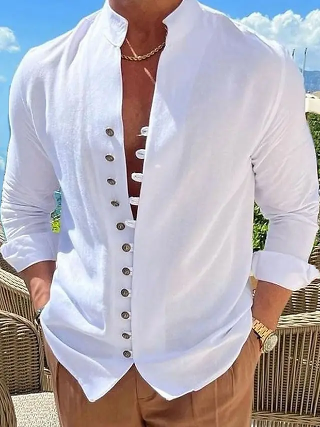 8 PACK-Men's Shirt Linen Shirt Summer Shirt Button Up Shirt Casual Shirt Black White Pink Blue Long Sleeve Plain Band Collar Summer Spring &  Fall Daily Vacation Clothing Apparel