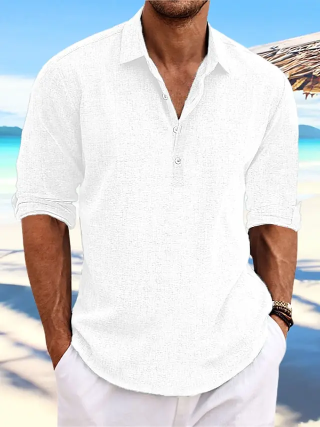 6 PACK-Men's Shirt Linen Shirt Summer Shirt Beach Wear Black White Blue Green Long Sleeve Plain Lapel Spring & Summer Casual Daily Clothing Apparel