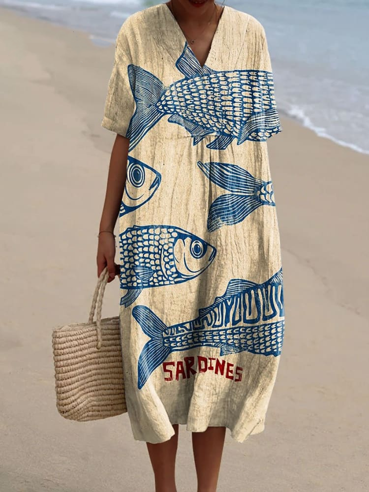 Women's Vintage Fish Sardines Art Print Flowy Dress 530e