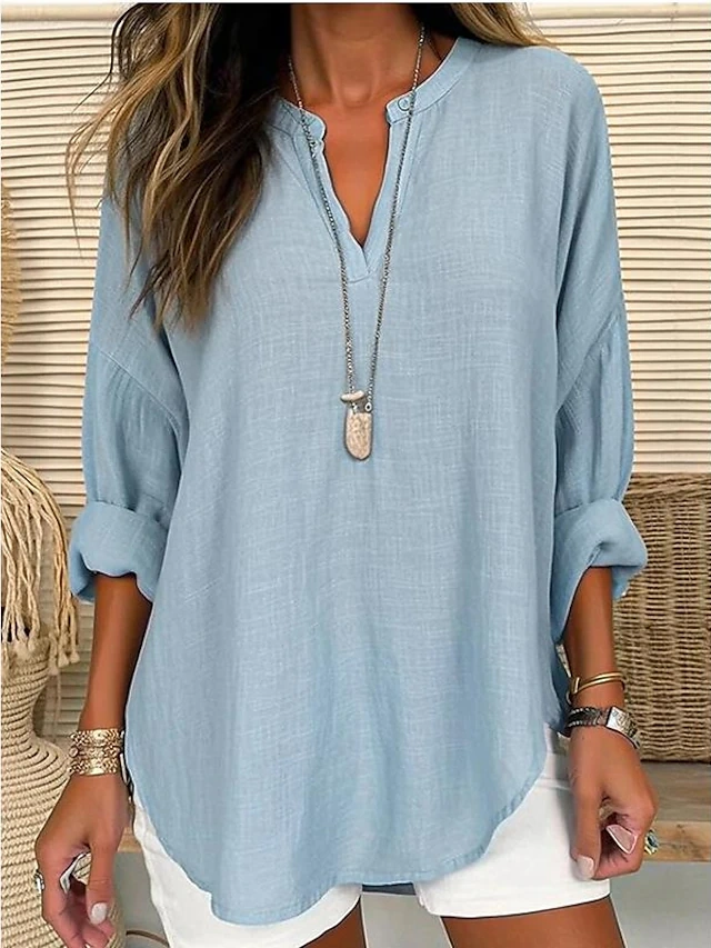 Women's Shirt Blouse Solid Color Casual Daily Basic Long Sleeve Notched Neck Pink Spring Fall 9682