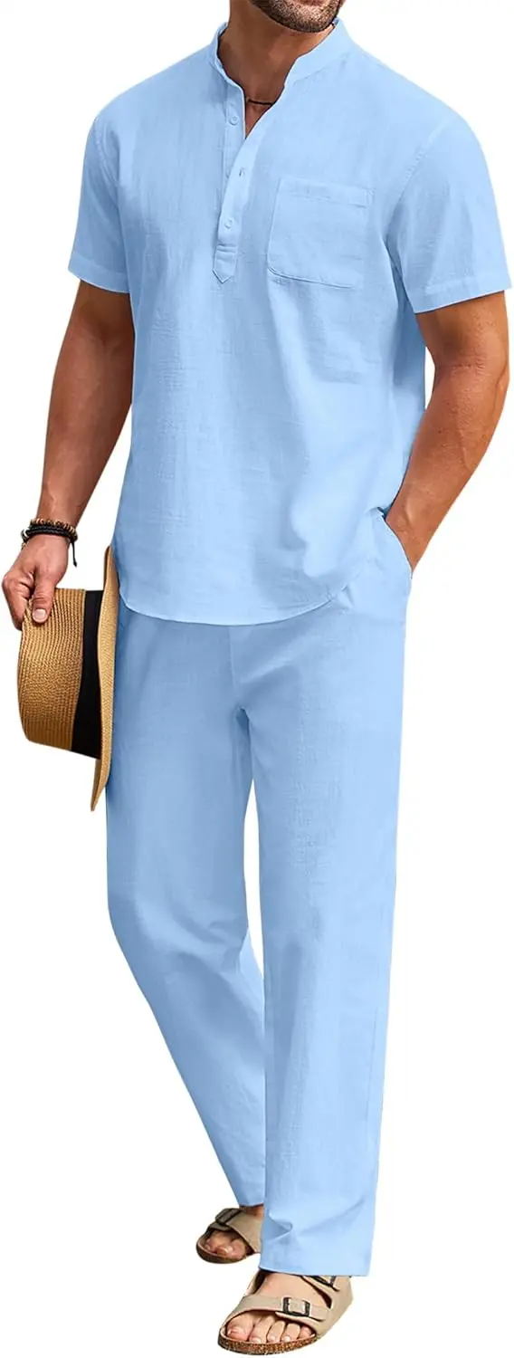 10 Pack-Men's 2 Pieces Cotton Linen Set Casual Short Sleeve Henley Shirts Beach Yoga Pants Summer Outfits