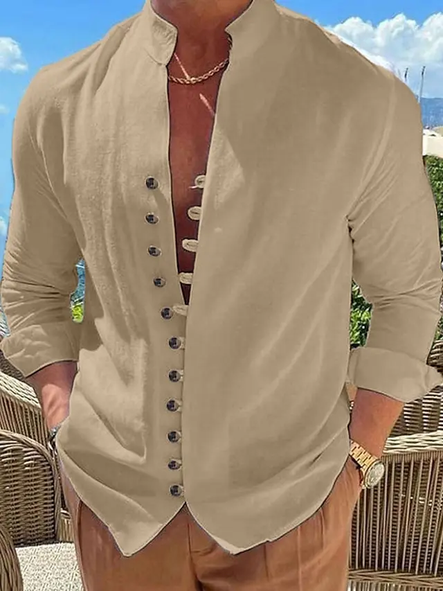 8 PACK-Men's Shirt Linen Shirt Summer Shirt Button Up Shirt Casual Shirt Black White Pink Blue Long Sleeve Plain Band Collar Summer Spring &  Fall Daily Vacation Clothing Apparel