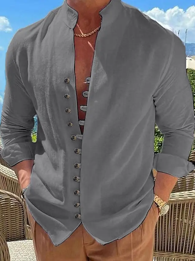 8 PACK-Men's Shirt Linen Shirt Summer Shirt Button Up Shirt Casual Shirt Black White Pink Blue Long Sleeve Plain Band Collar Summer Spring &  Fall Daily Vacation Clothing Apparel