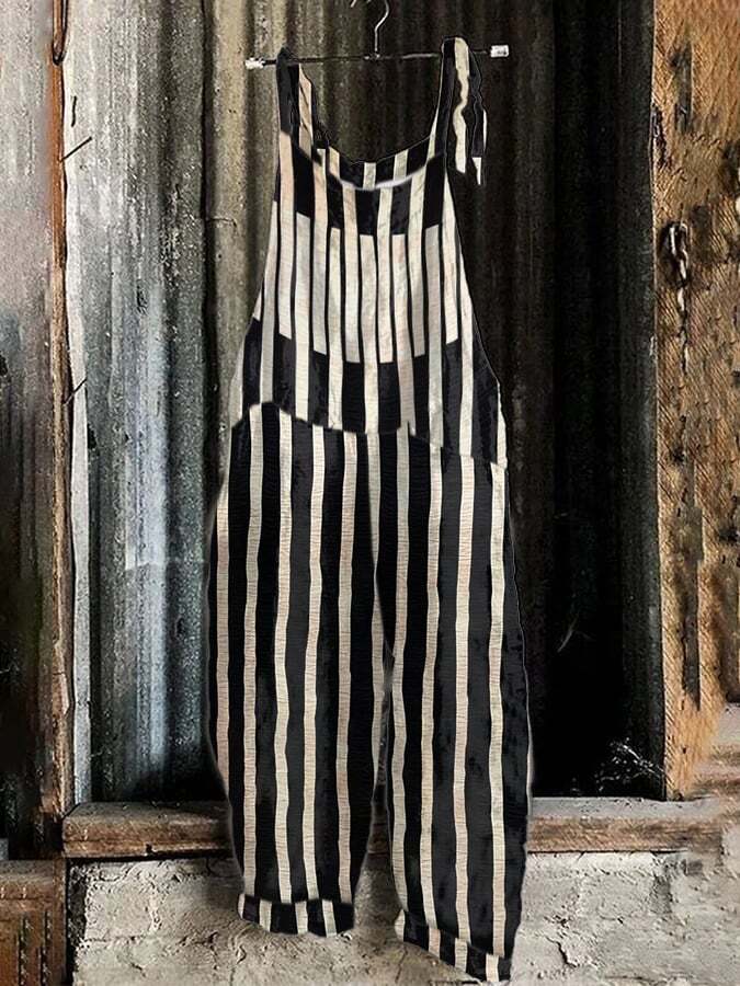 Women's Vintage Striped Pattern Print Bib Trousers cae0