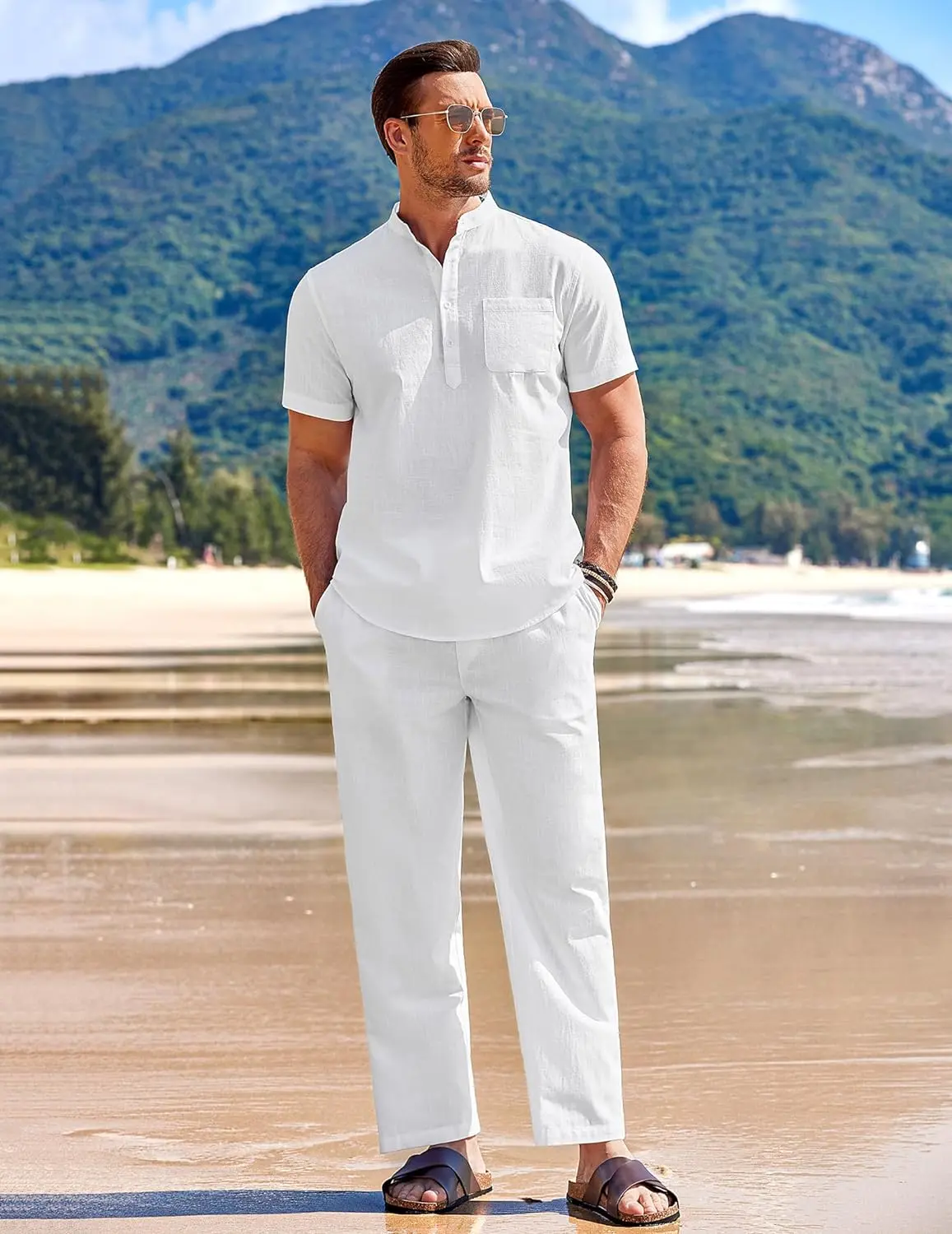 10 Pack-Men's 2 Pieces Cotton Linen Set Casual Short Sleeve Henley Shirts Beach Yoga Pants Summer Outfits